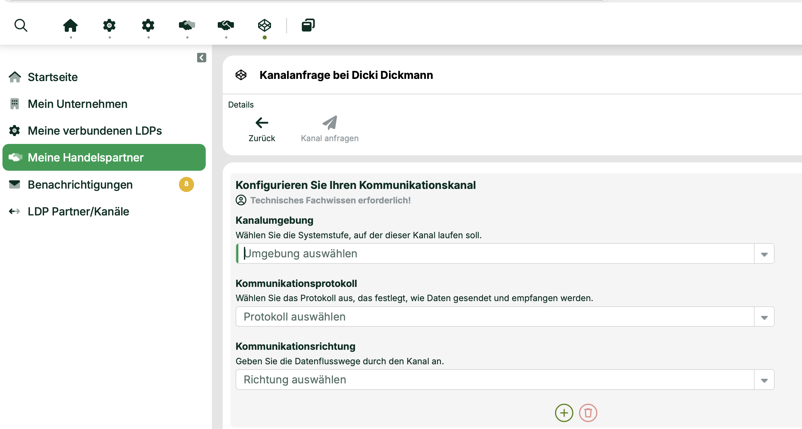 Configuration options for communication channels, including system environment and protocol selection.
